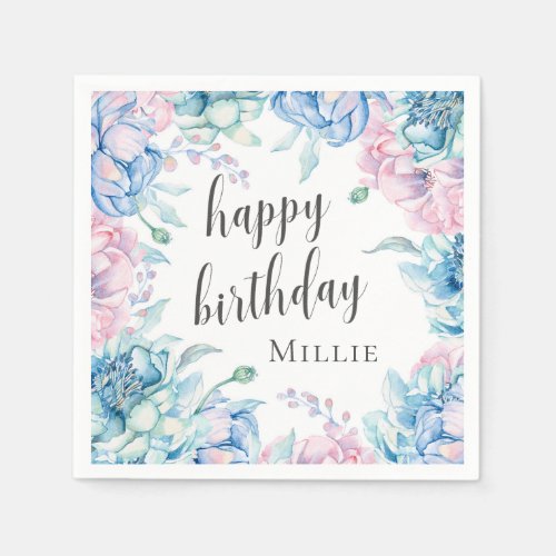 Watercolor Floral Elegant Farmhouse Happy Birthday Napkins