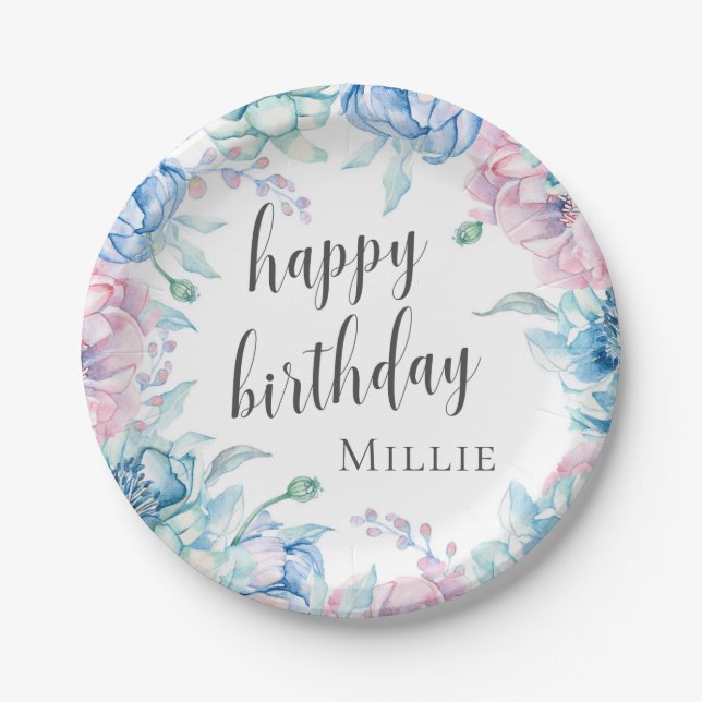 Watercolor Floral Elegant Farmhouse Happy Birthday Paper Plates (Front)
