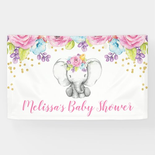 Watercolor Floral Elephant Baby Shower Banner