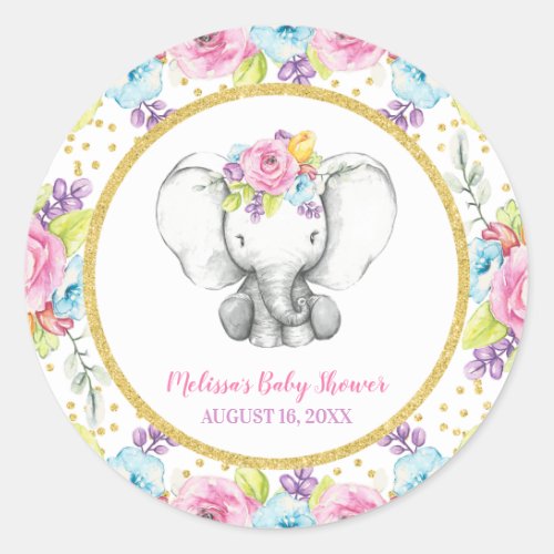 Watercolor Floral Elephant Baby Shower Classic Round Sticker