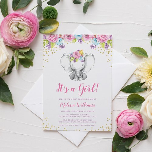 Watercolor Floral Elephant Baby Shower Invitations
