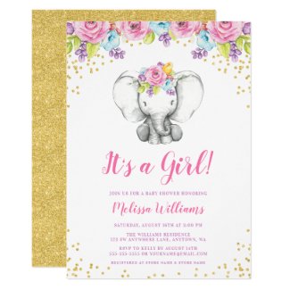 Watercolor Floral Elephant Baby Shower Invitations