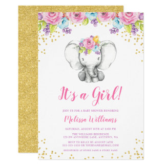 Watercolor Floral Elephant Baby Shower Invitations
