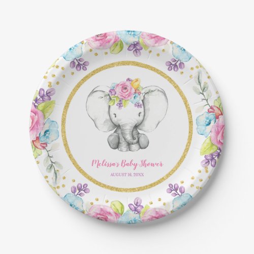 Watercolor Floral Elephant Baby Shower Paper Plates