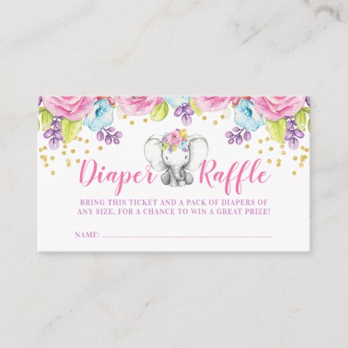 Watercolor Floral Elephant Diaper Raffle Ticket Enclosure Card