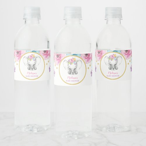 Watercolor Floral Elephant Girl Baby Shower Water Bottle Label