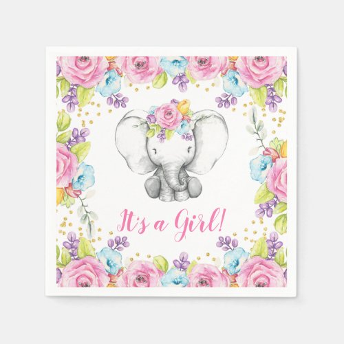 Watercolor Floral Elephant Its a Girl Baby Shower Napkins