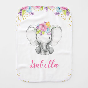 Watercolor Floral Elephant Personalized Girl Baby Burp Cloth