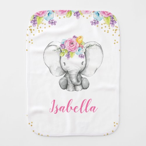 Watercolor Floral Elephant Personalized Girl Baby Burp Cloth