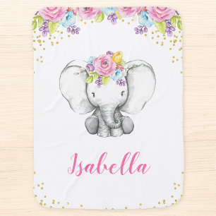 Watercolor Floral Elephant Personalized Girl Baby Swaddle Blanket