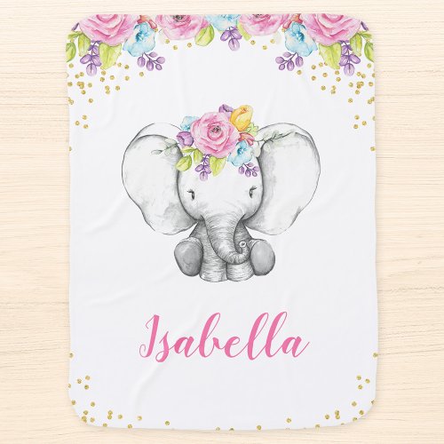 Watercolor Floral Elephant Personalized Girl Baby Swaddle Blanket