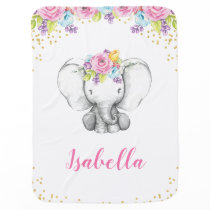 Watercolor Floral Elephant Personalized Girl Baby Swaddle Blanket Watercolor Floral Elephant Personalized Girl Baby Swaddle Blanket