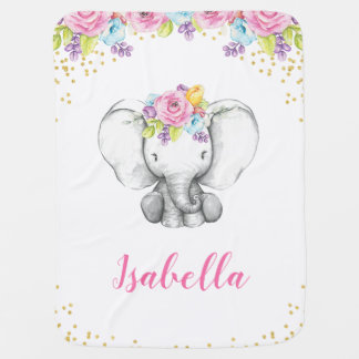 Watercolor Floral Elephant Personalized Girl Baby Swaddle Blanket
