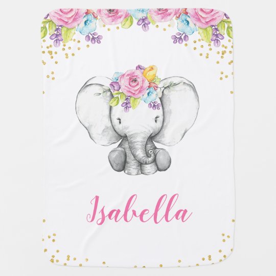 Watercolor Floral Elephant Personalized Girl Baby Swaddle