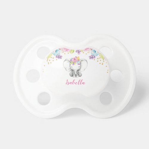Watercolor Floral Elephant Personalized Girl Pacifier