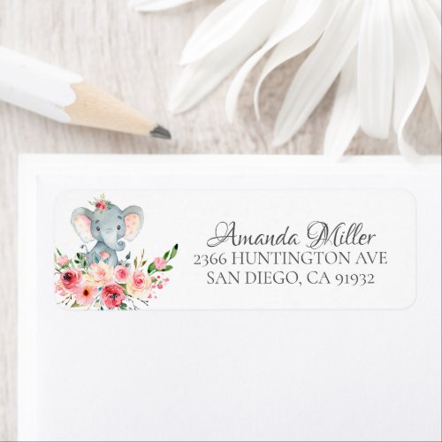 Watercolor Floral Elephant Return Address Label