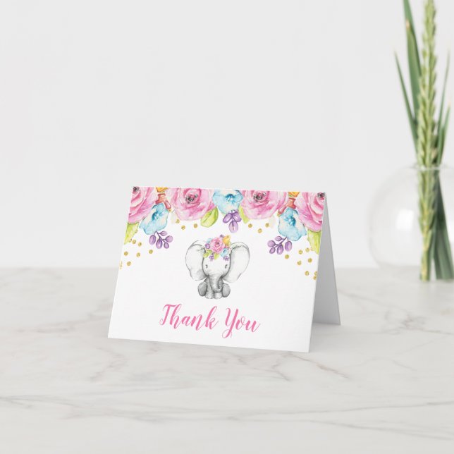 Watercolor Floral Elephant Thank You Card (Front)