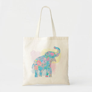 watercolor floral elephant tote bag