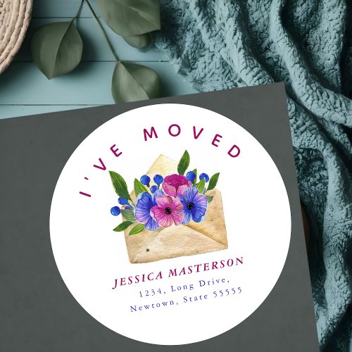 Watercolor Floral Envelope l Ive Moved New Home  Classic Round Sticker