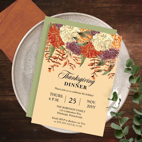 Watercolor Floral  Eucalyptus Thanksgiving Dinner Invitation