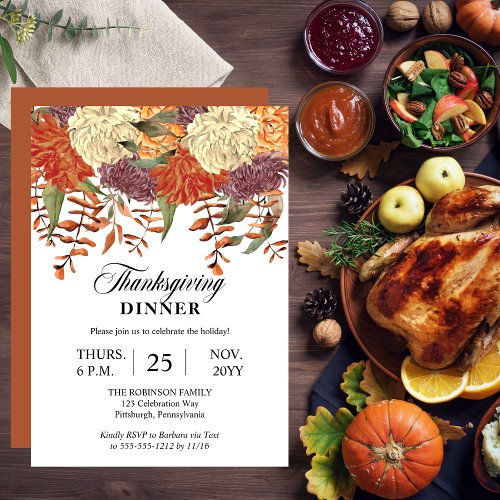 Watercolor Floral  Eucalyptus Thanksgiving Dinner Invitation