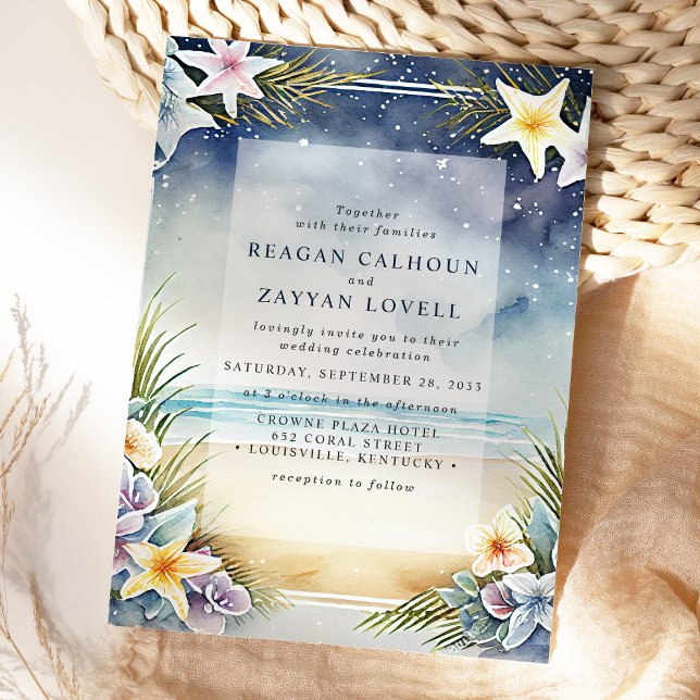 Watercolor Floral Evening Beach Scene Wedding Invitation (Creator Uploaded)