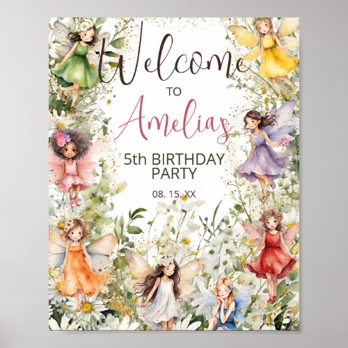 Watercolor Floral Fairies Glitter Party Welcome Poster