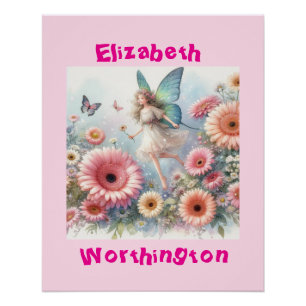Watercolor floral fairy princess typography pink poster