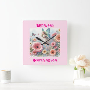 Watercolor floral fairy princess typography pink square wall clock