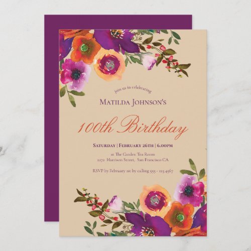 Watercolor Floral Fall 100th Birthday Invitation