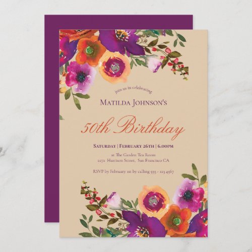 Watercolor Floral Fall 50th Birthday Invitation