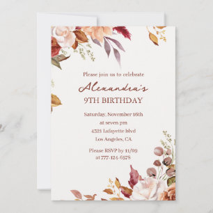 Watercolor Floral Fall 9th birthday Invitation