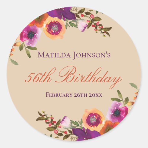 Watercolor Floral Fall Birthday Party Classic Round Sticker