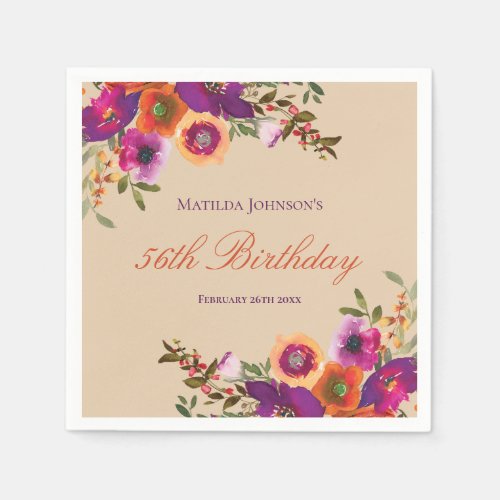 Watercolor Floral Fall Birthday Party Napkins