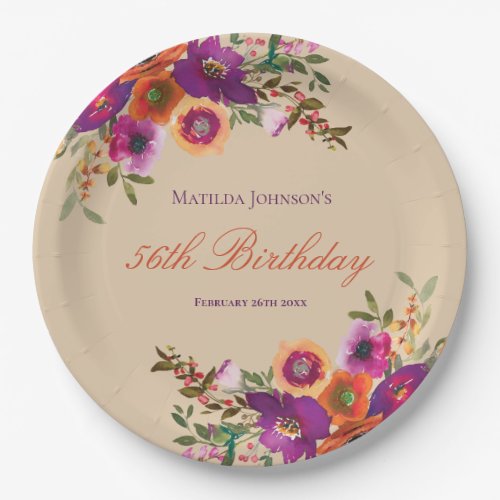 Watercolor Floral Fall Birthday Party Paper Plates