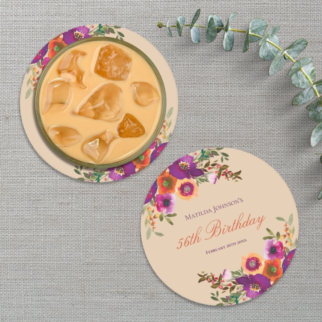 Watercolor Floral Fall Birthday Party Round Paper Coaster (Watercolor Floral Fall Birthday Party Round Paper Coaster)