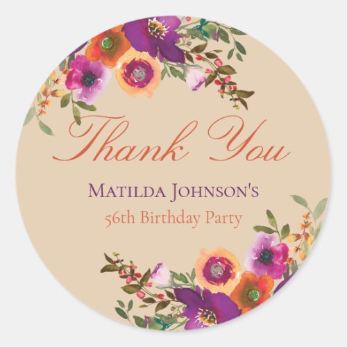 Watercolor Floral Fall Birthday Thank You Classic Round Sticker