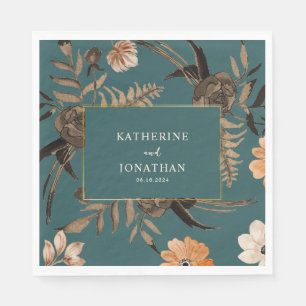 Watercolor floral fall foliage leaves Teal Wedding Napkins