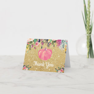 Watercolor Floral Fall Pumpkin Pink Gold Glitter Thank You Card