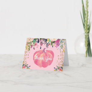 Watercolor Floral Fall Pumpkin Pink Gold Glitter Thank You Card