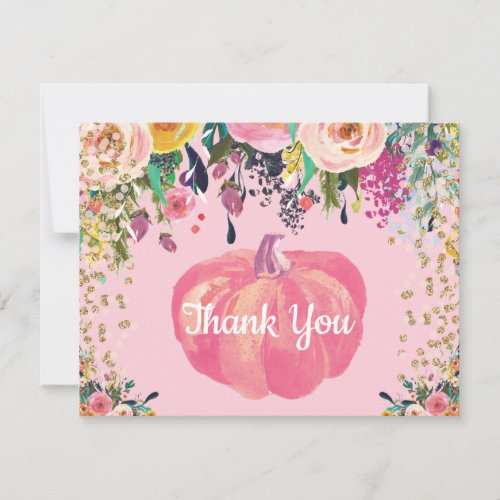 Watercolor Floral Fall Pumpkin Pink Gold Glitter Thank You Card
