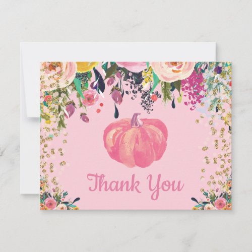 Watercolor Floral Fall Pumpkin Pink Gold Glitter Thank You Card