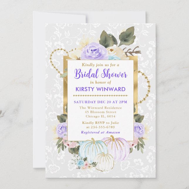 Watercolor Floral Fall Pumpkins Bridal Shower Invitation (Front)