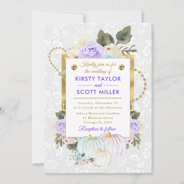 Watercolor Floral Fall Pumpkins Wedding Invitation (Front)