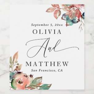 Watercolor Floral Fall Wedding Elegant Rustic Wine Label