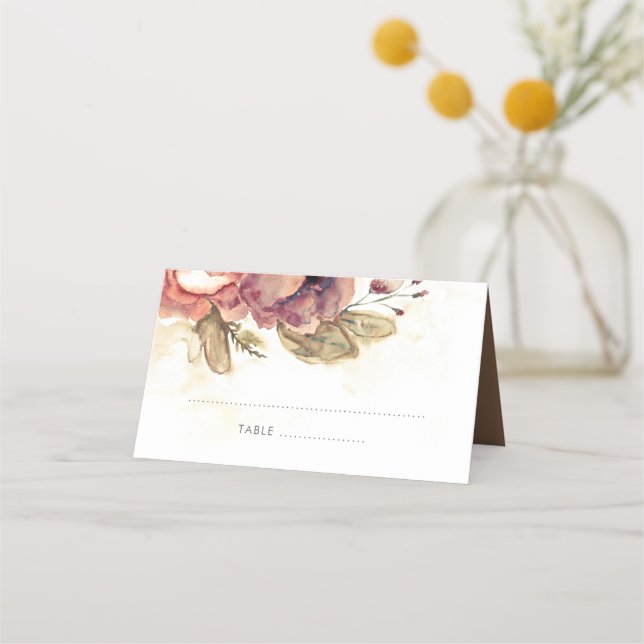 Watercolor Floral Fall Wedding Place Card (Front)