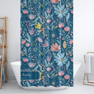 Watercolor floral family name personalized blue shower curtain