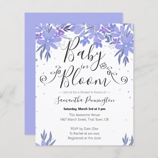 Watercolor Floral Fancy Script Baby in Bloom Blue (Front/Back)