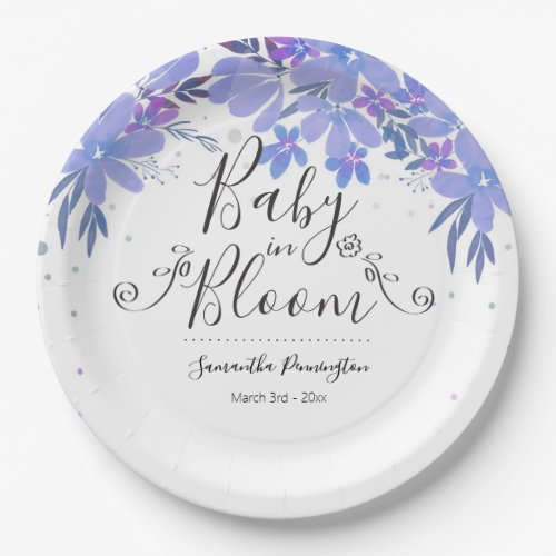 Watercolor Floral Fancy Script Baby in Bloom Paper Paper Plates