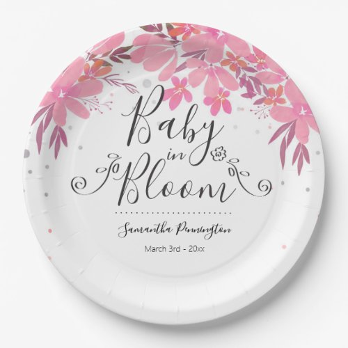 Watercolor Floral Fancy Script Baby in Bloom Paper Plates